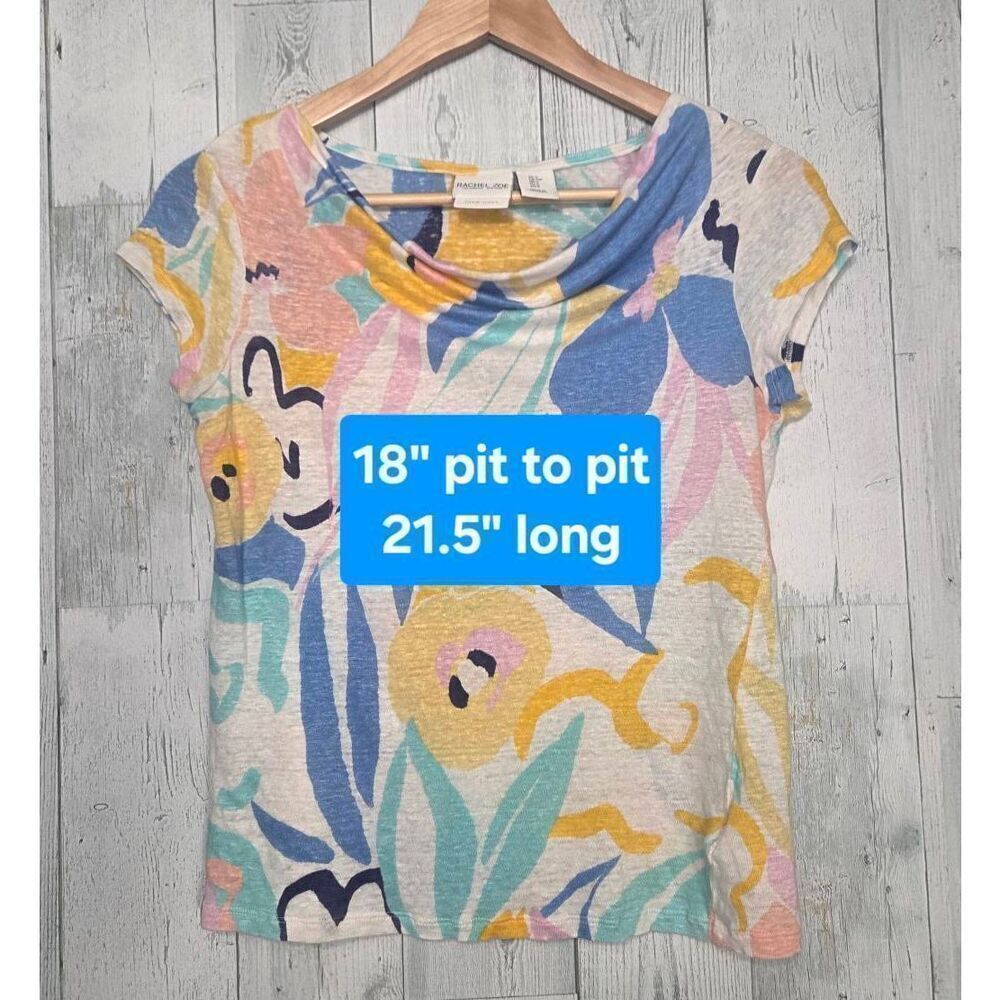 Rachel Zoe 100% Washable Linen Art Floral Print Cap Sleeved Top Sz S - Picture 2 of 5